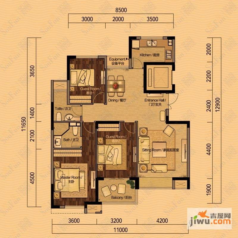 国都楚江府第3室2厅2卫130㎡户型图