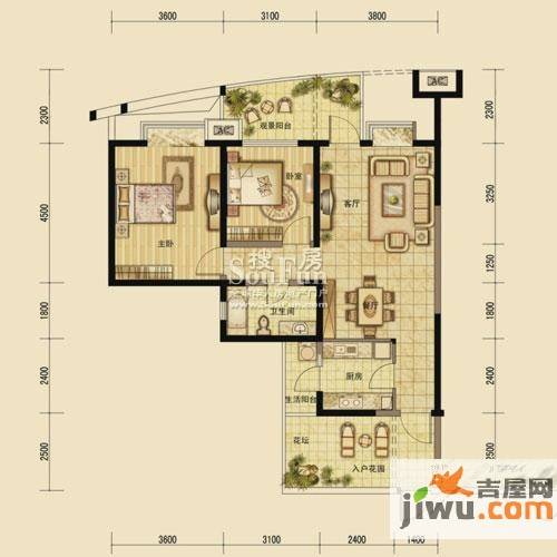 中环西岸观邸2室2厅1卫87.8㎡户型图