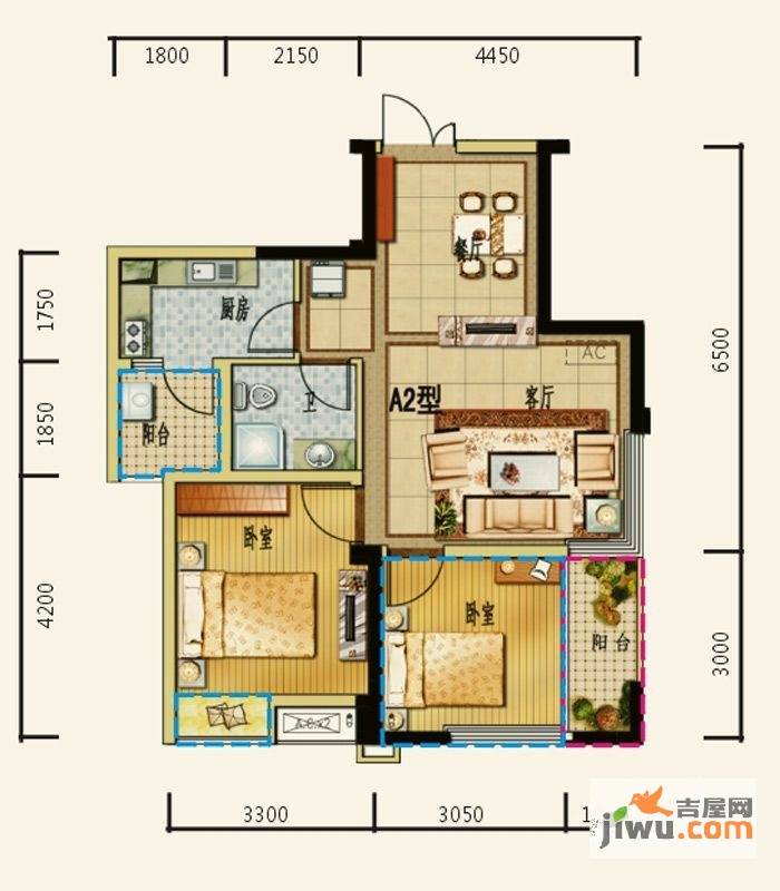 一里阳光3期春天里2室2厅1卫63㎡户型图