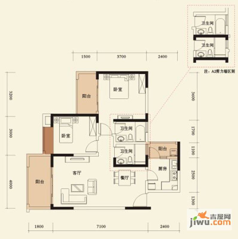 南钻威尼斯2室2厅2卫93.5㎡户型图