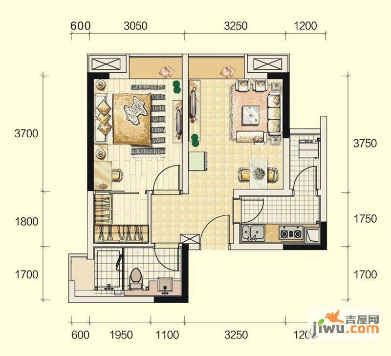 蓝光SOFA社区1室2厅1卫56㎡户型图