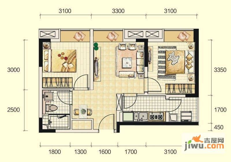 蓝光SOFA社区2室2厅1卫62㎡户型图