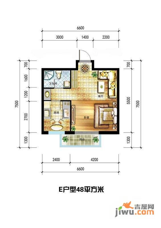 龙栖左岸1室1厅1卫48㎡户型图