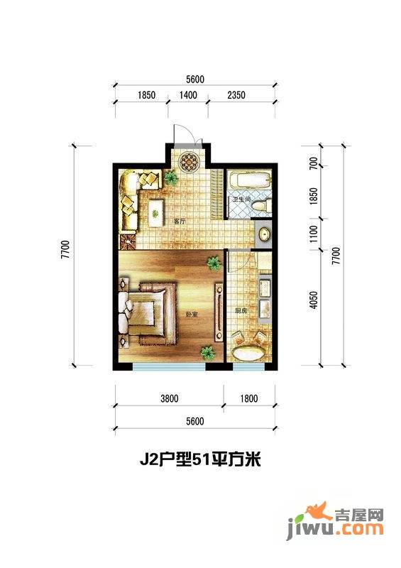 龙栖左岸1室1厅1卫51㎡户型图