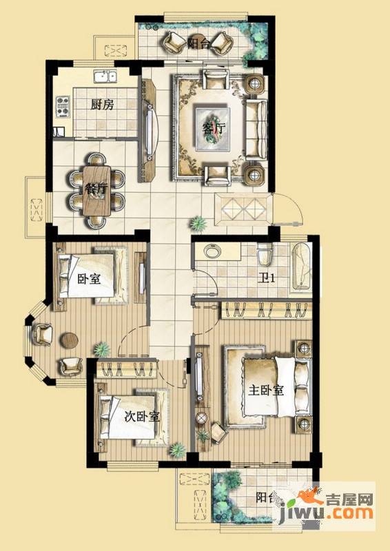 朝辉首府3室2厅1卫98㎡户型图