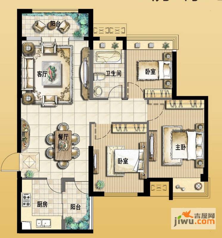 朝辉首府3室2厅1卫116㎡户型图