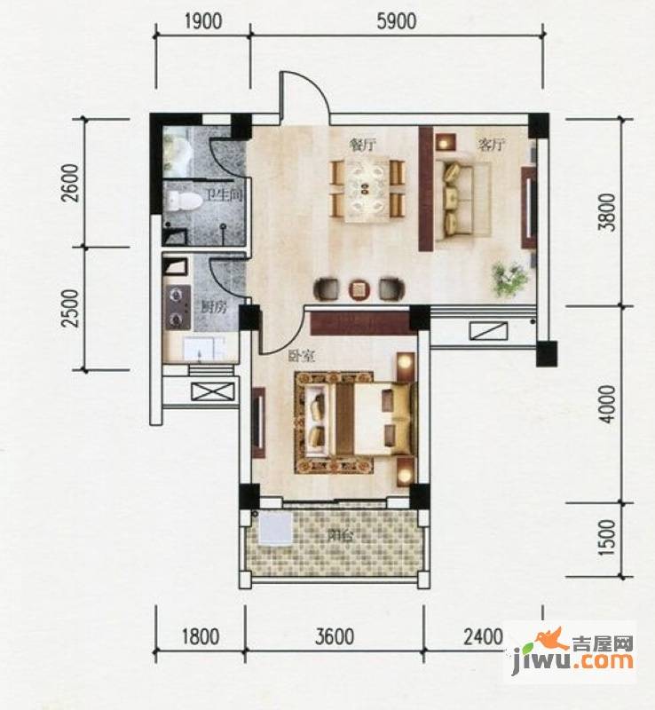 九韵国际峰尚1室2厅1卫63㎡户型图