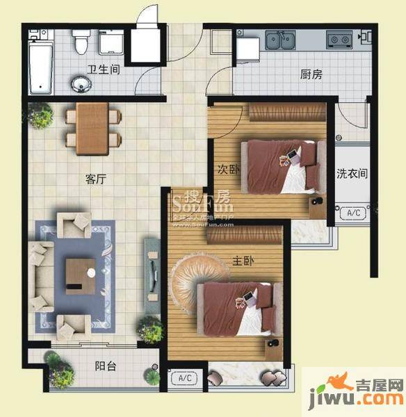 北国之春悠然苑2室2厅1卫98㎡户型图