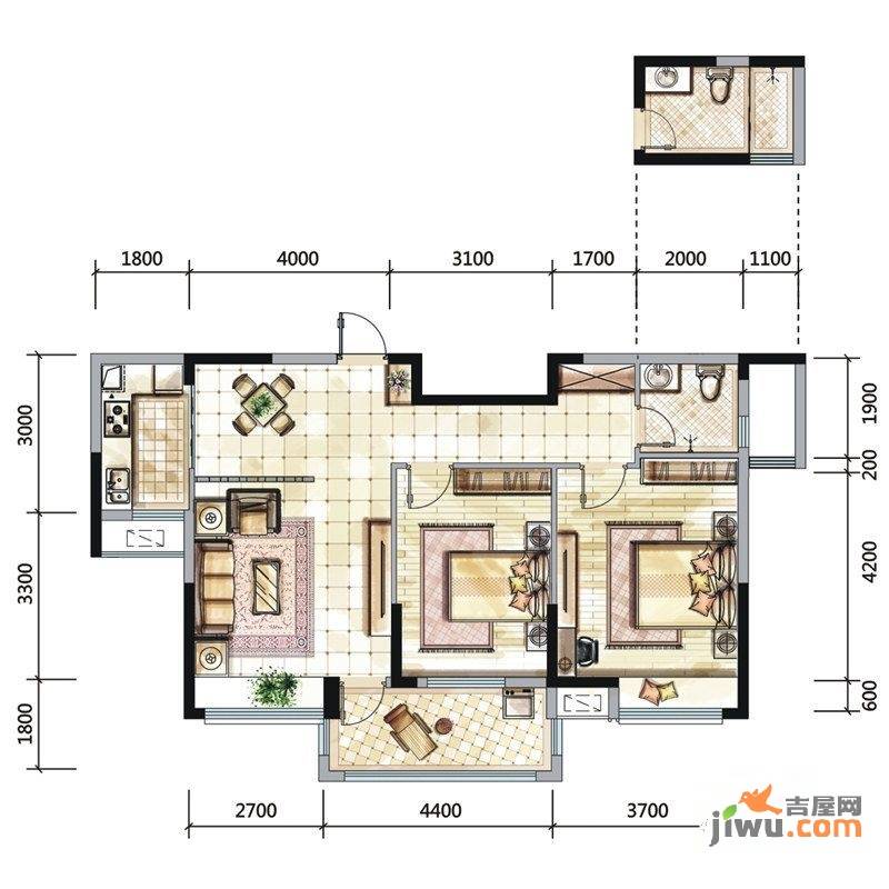 国贸天琴湾东区2室2厅1卫90.5㎡户型图