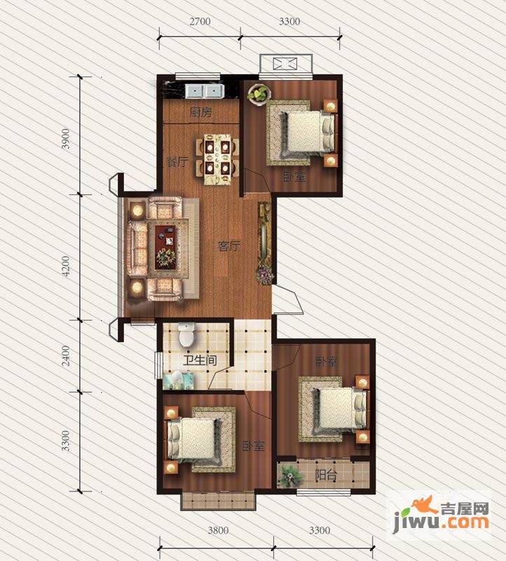 常香园3室2厅1卫104.5㎡户型图