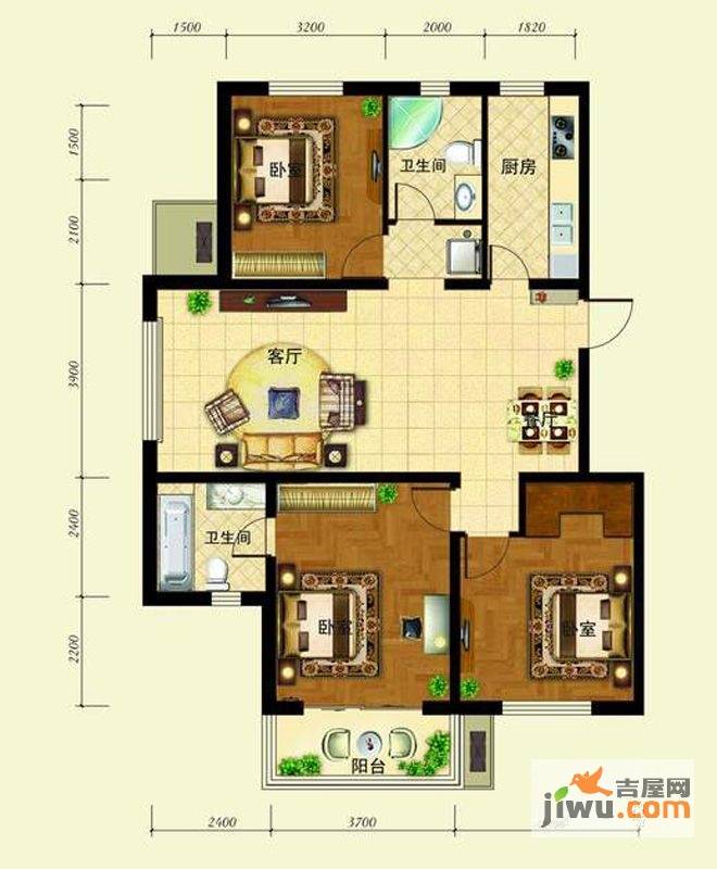 天景美地3室2厅1卫135㎡户型图