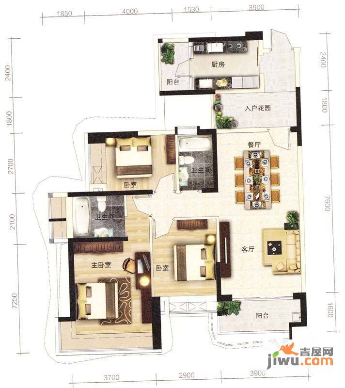 雅居乐铂爵山3室2厅2卫130.1㎡户型图