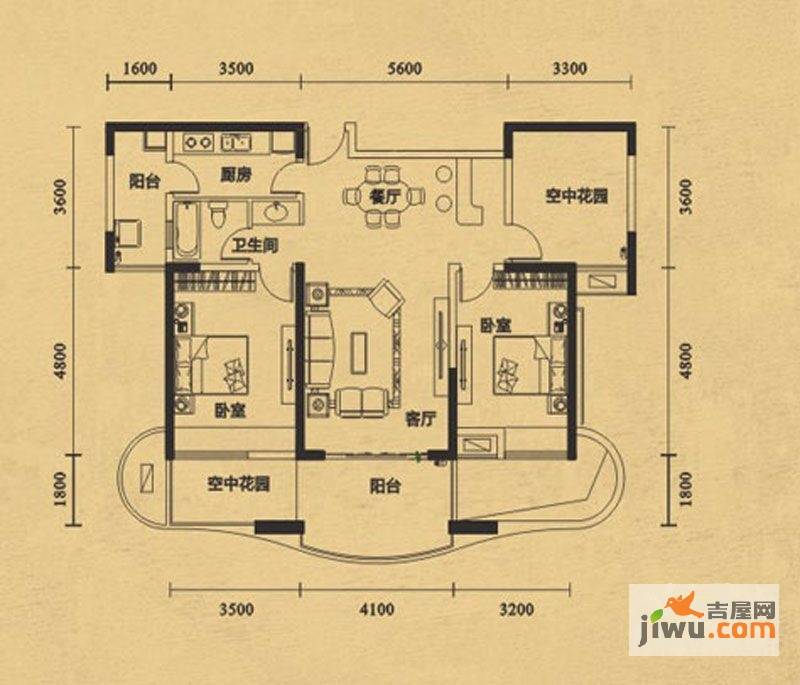 华地公馆2室2厅1卫113㎡户型图