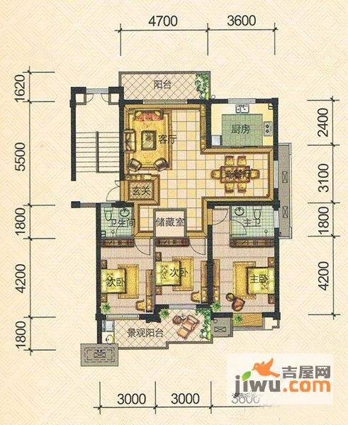 云溪香山3室2厅2卫121.9㎡户型图