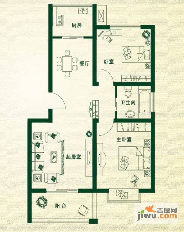 万豪绿城2室2厅1卫88㎡户型图