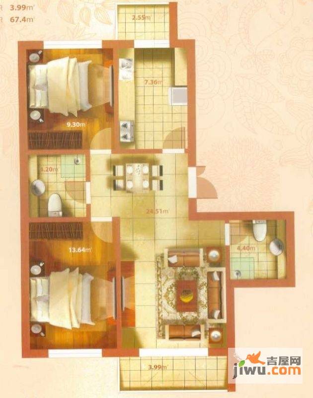 南开华府2室2厅2卫63.4㎡户型图