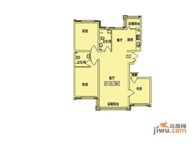 龙湖湾3室2厅1卫133.8㎡户型图