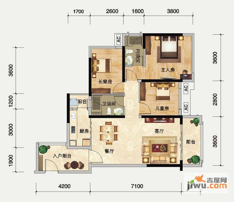 瀚林御景3室2厅2卫92㎡户型图