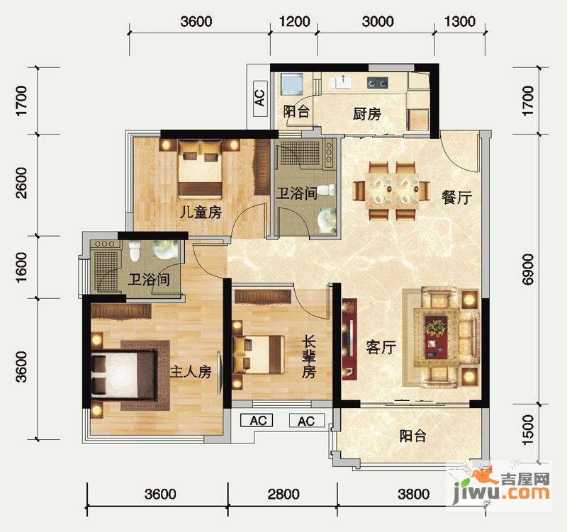 瀚林御景3室2厅2卫90㎡户型图