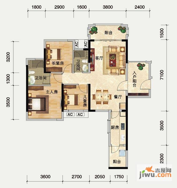 瀚林御景3室2厅2卫92㎡户型图