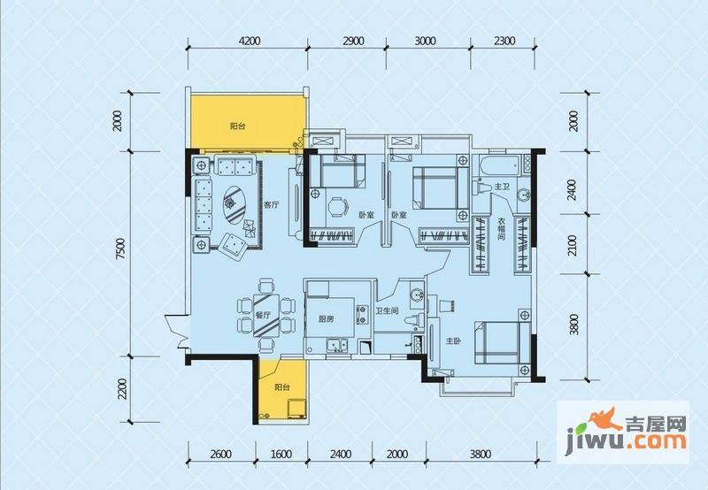 珠江愉景新城3室2厅2卫113.7㎡户型图