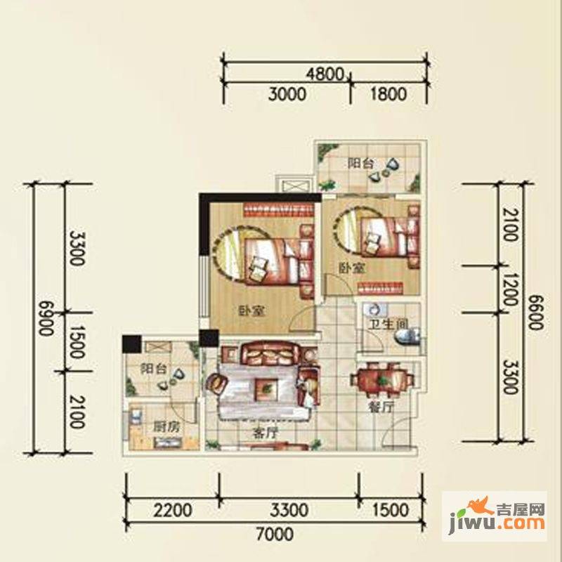 凯信水韵滨江二期公园大帝2室2厅1卫82.5㎡户型图