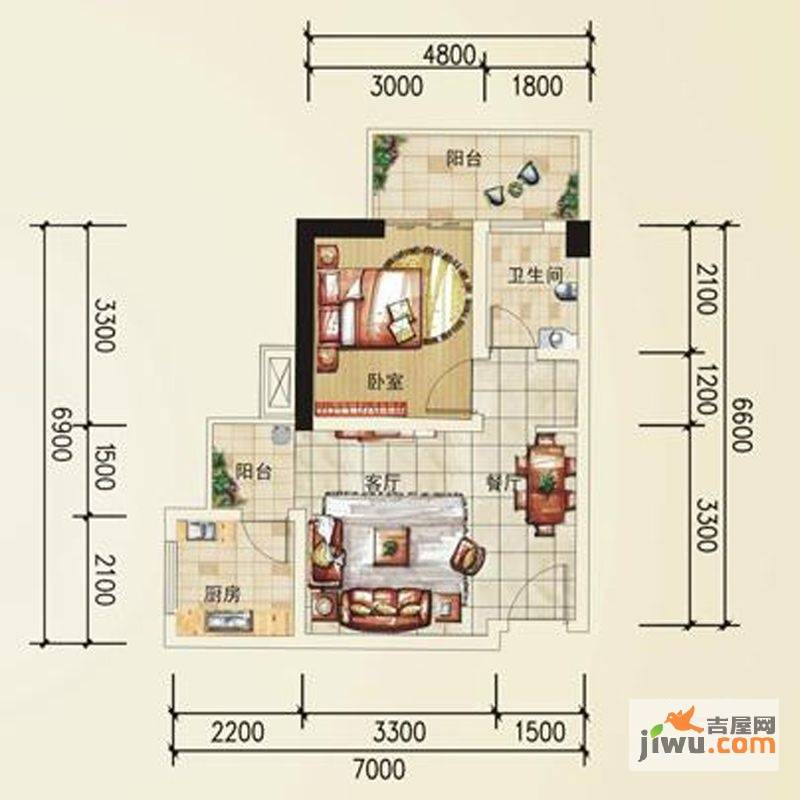 凯信水韵滨江二期公园大帝1室2厅1卫51.5㎡户型图