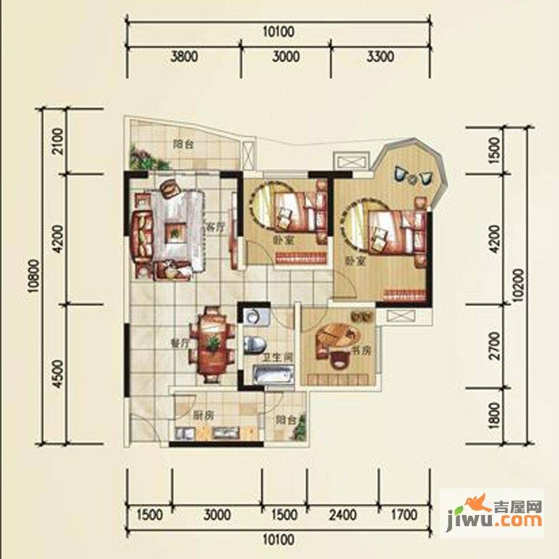 凯信水韵滨江二期公园大帝3室2厅1卫97.5㎡户型图