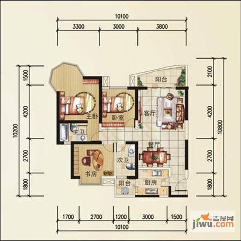 凯信水韵滨江二期公园大帝3室2厅2卫117㎡户型图