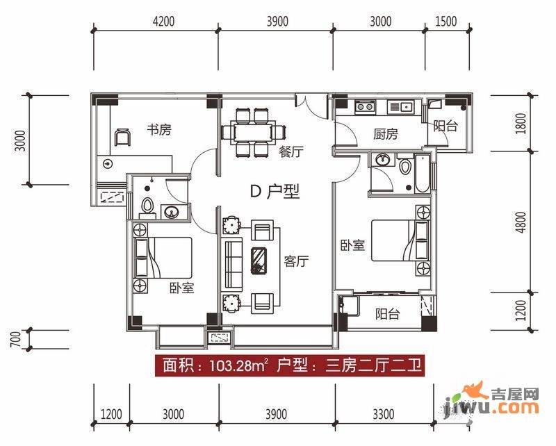 镜虹山庄二期3室2厅2卫103.3㎡户型图