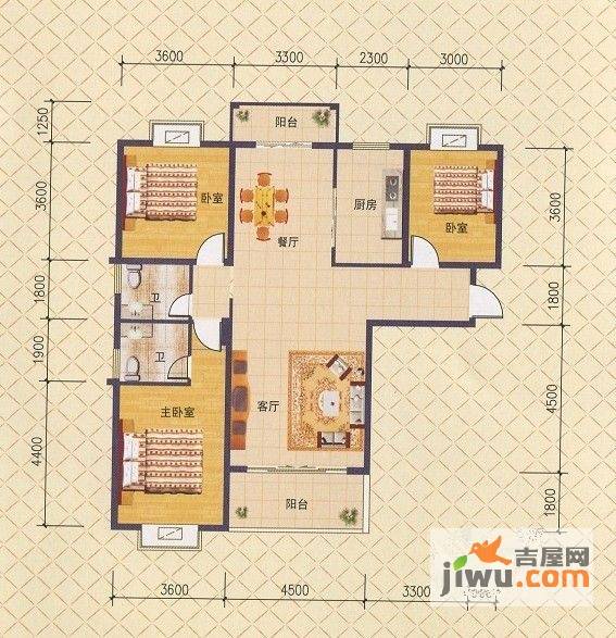 东城华庭3室2厅2卫129.6㎡户型图