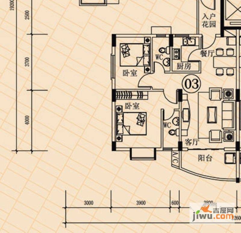 达进豪庭2室2厅2卫77㎡户型图