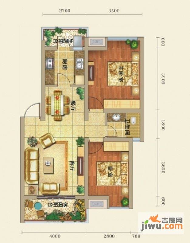 宏凌山水城2室2厅1卫77.6㎡户型图