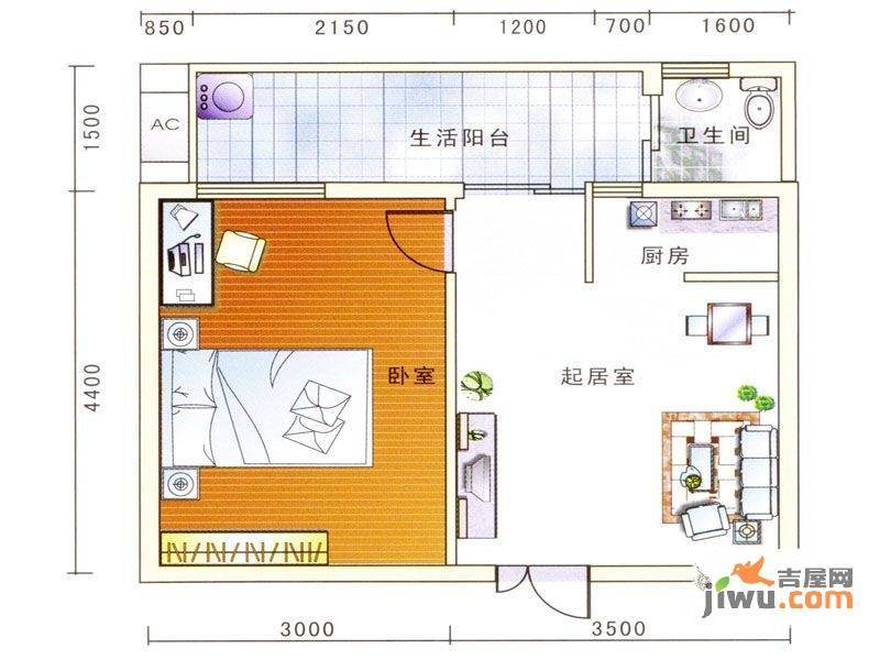 龙腾华府1室1厅1卫45.4㎡户型图