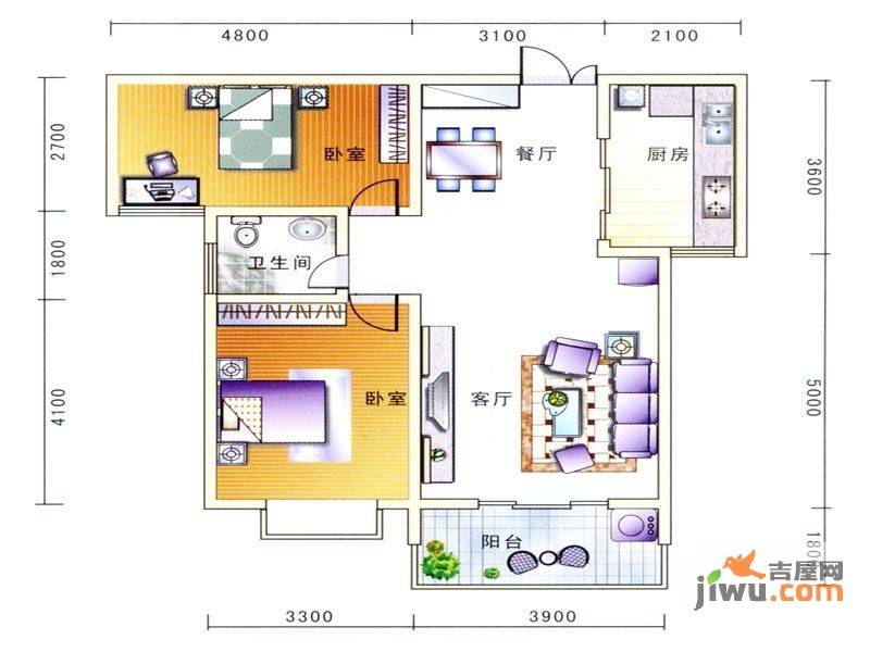 龙腾华府2室2厅1卫91.1㎡户型图